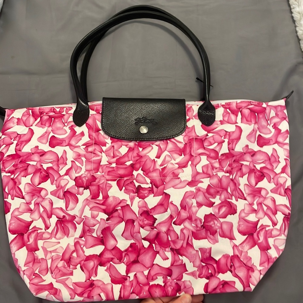 Longchamp Le Pliage Darshan Flowers Large Canvas Shoulder Tote in Pink